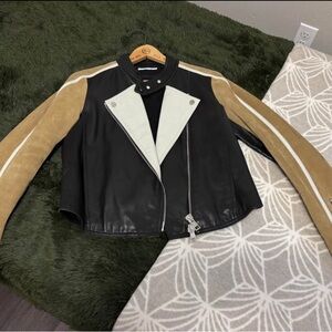 Liven Women's Leather Moto Jacket - Black, Cream, and Tan